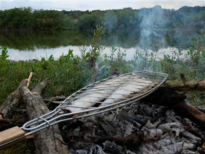 Aftensmaden grilles på bålet ved søen.